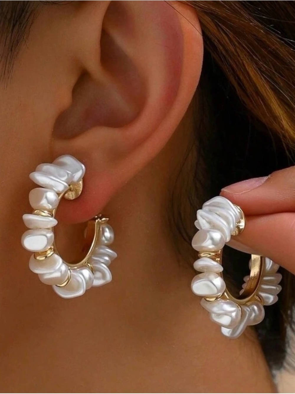 Gold Colour Faux Pearl Hoop Earrings